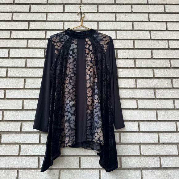 LOGO Lavish by Lori Goldstein Black Velvet Jacquard Mock Neck Tunic Top L - Picture 2 of 9